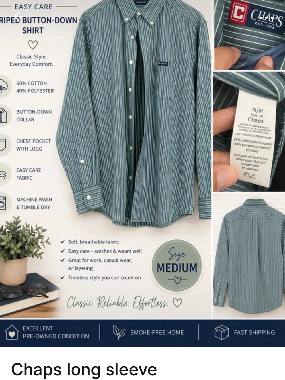 Chaps Men’s Blue and White Striped Long-Sleeve Button-Down Shirt